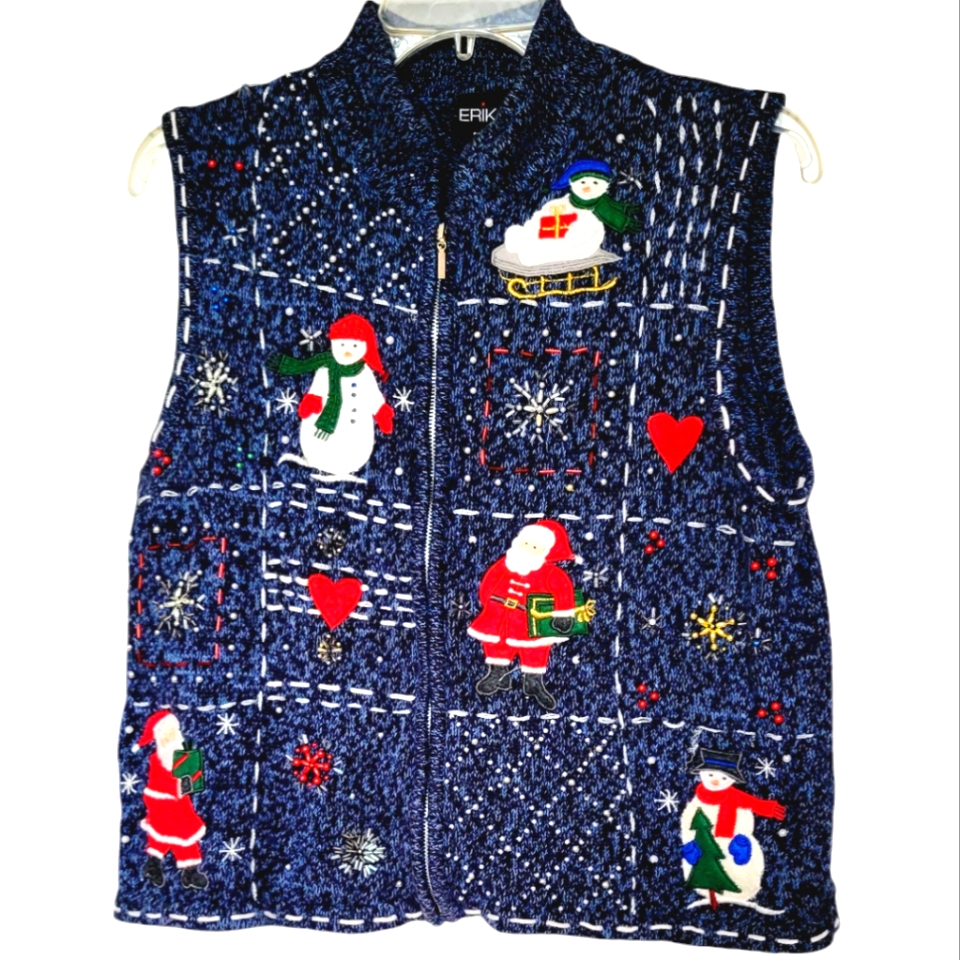 Erika Santa & Snowmen Beaded And Applique Sweater Vest